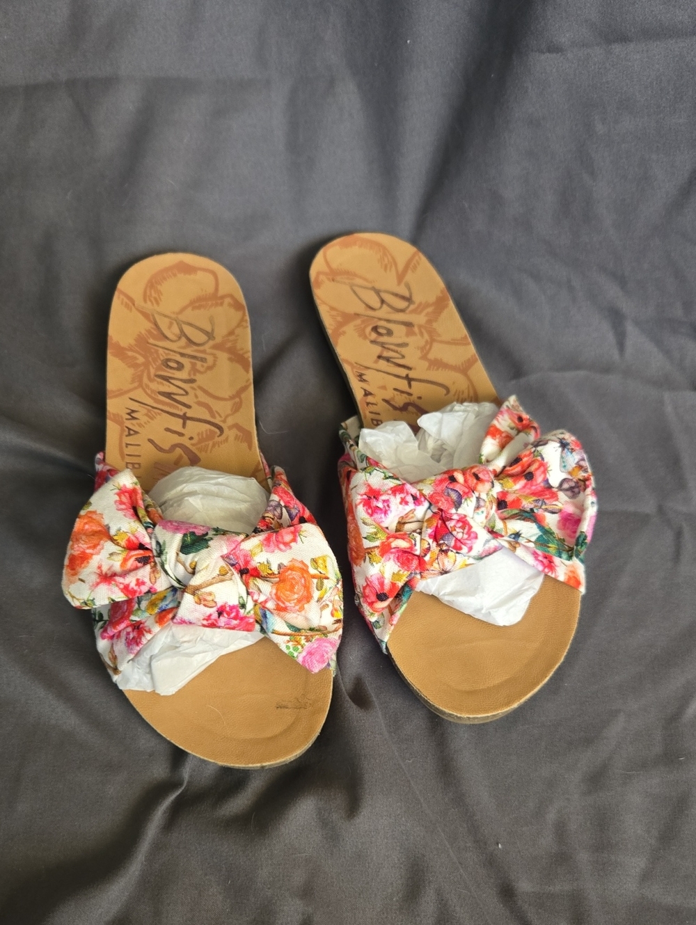 Blowfish Floral Bow Slide Sandals - White with Pink & Orange Floral